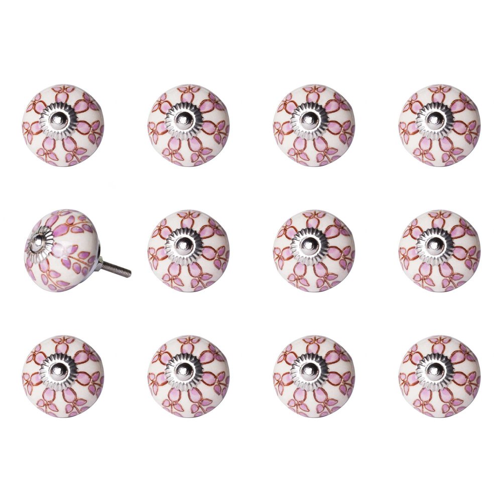 Set of Twelve Pink White And Burgundy Floral Ceramic Drawer Pull Knobs
