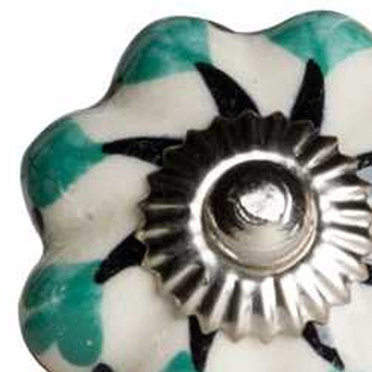 Set of Twelve Green Silver And White Geometric Ceramic Drawer Pull Knobs