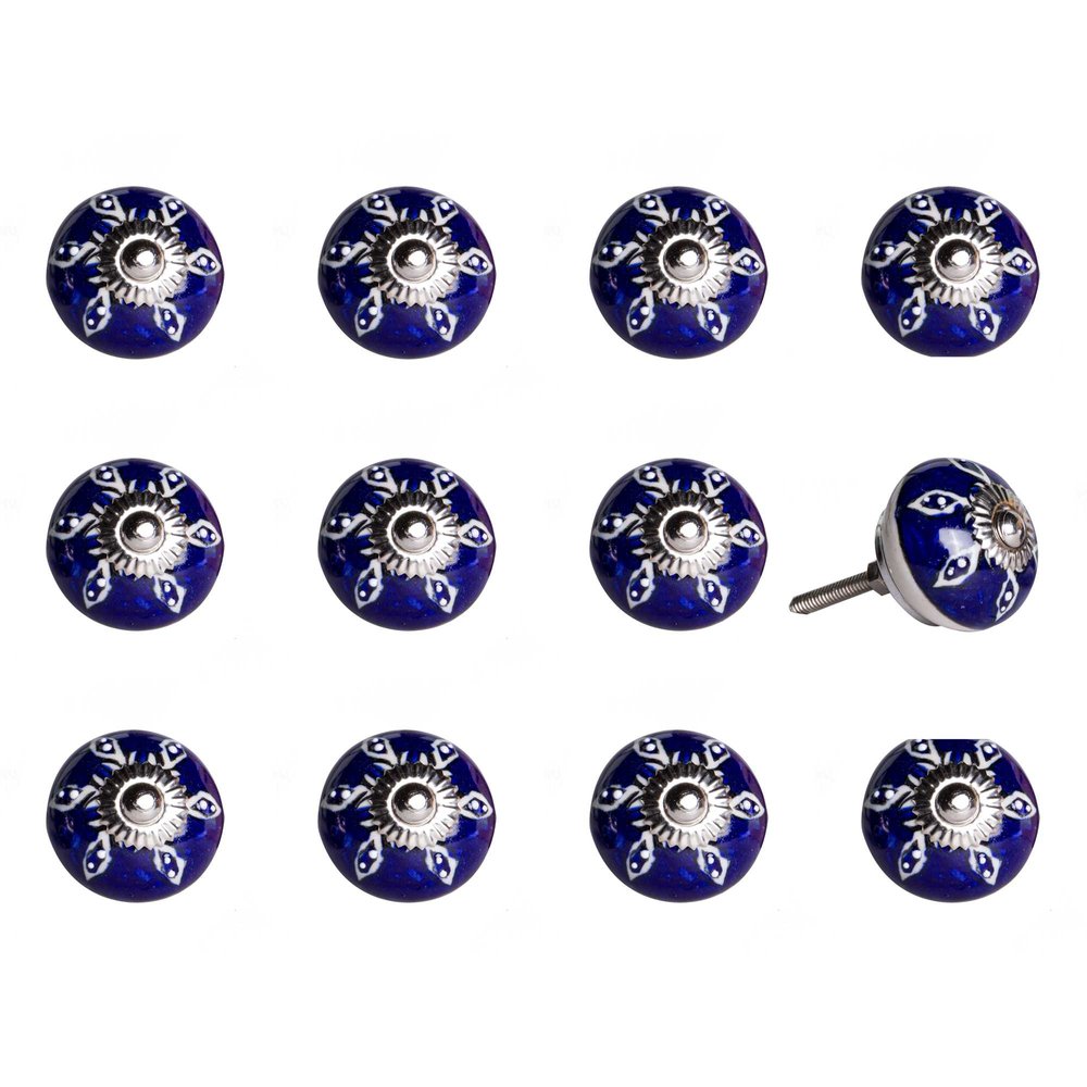 Set of Twelve Blue And White Geometric Ceramic Drawer Pull Knobs