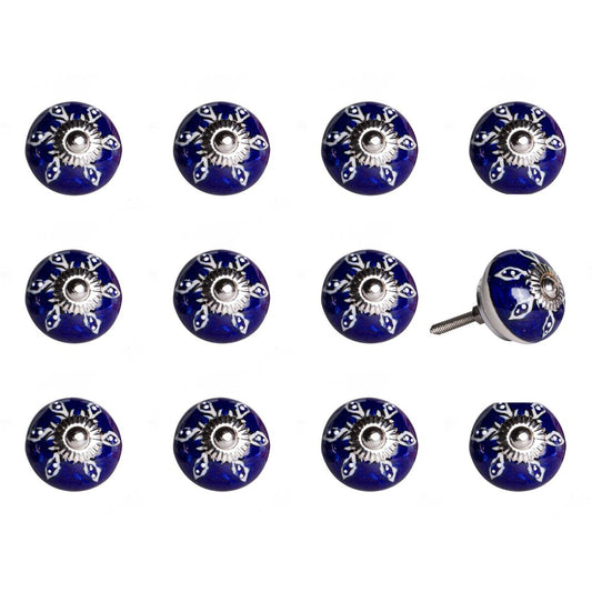 Set of Twelve Blue And White Geometric Ceramic Drawer Pull Knobs