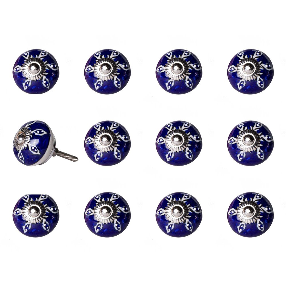 Set of Twelve Blue And White Geometric Ceramic Drawer Pull Knobs