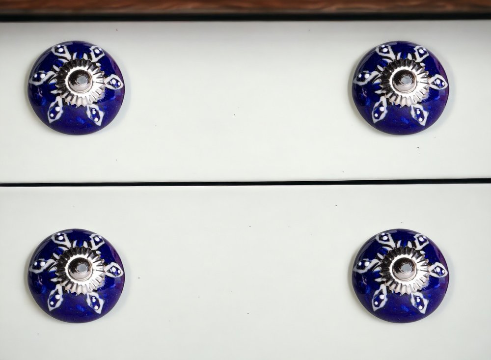 Set of Twelve Blue And White Geometric Ceramic Drawer Pull Knobs