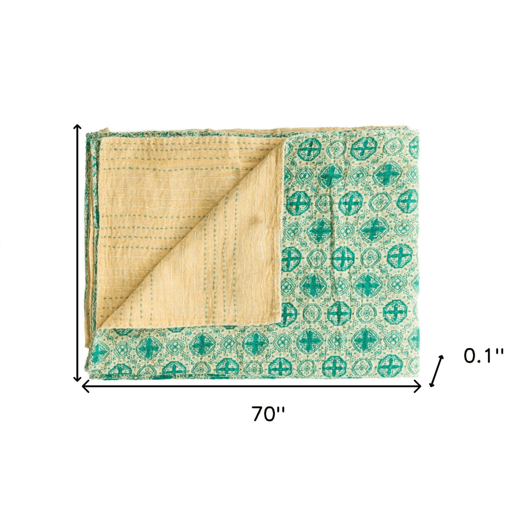 50" X 70" Green and Ivory Kantha Cotton Geometric Throw Blanket with Embroidery