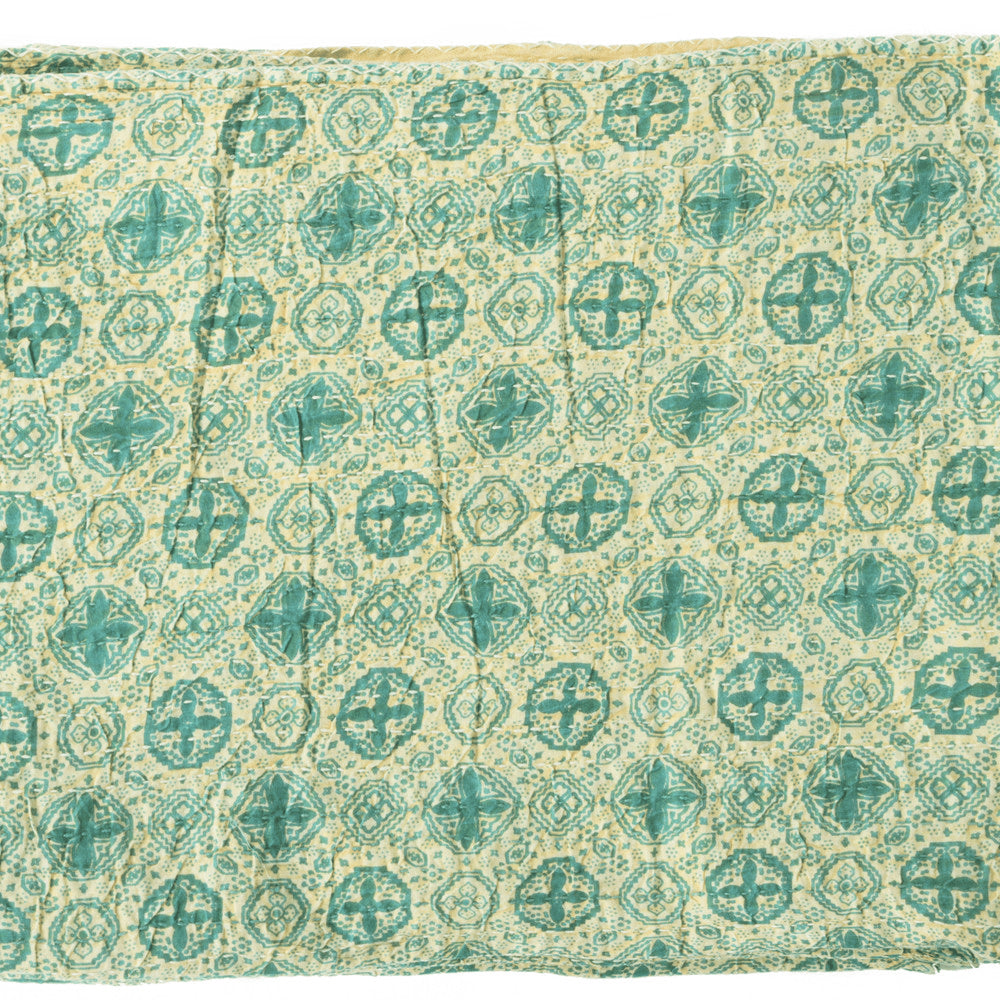 50" X 70" Green and Ivory Kantha Cotton Geometric Throw Blanket with Embroidery
