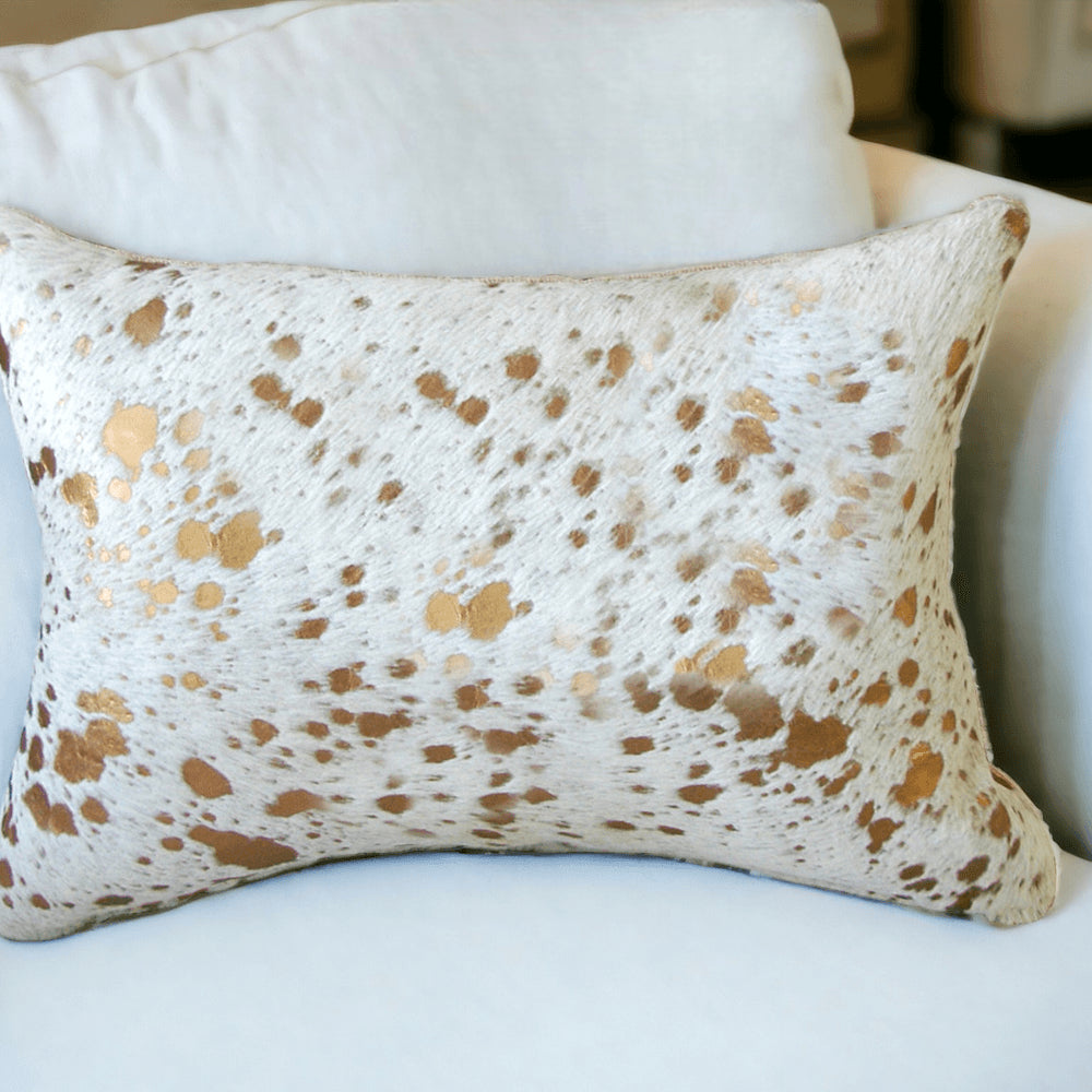 12" X 20" NATURAL & GOLD Cowhide Throw Pillow