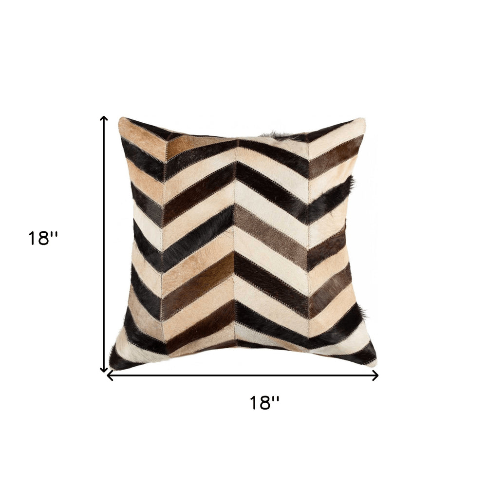 18" Brown Black and White Chevron Cowhide Throw Pillow