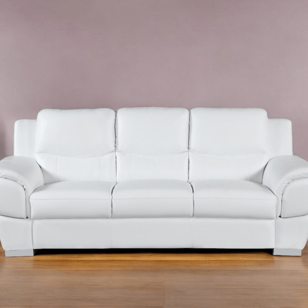 85" White Leather Sofa With Silver Legs