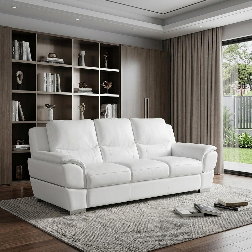 85" White Leather Sofa With Silver Legs