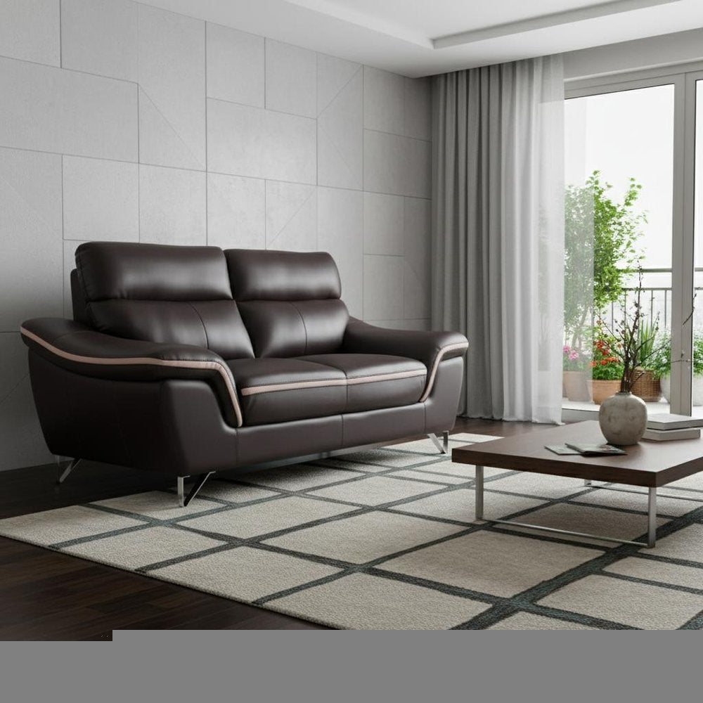 69" Brown And Silver Faux Leather Love Seat