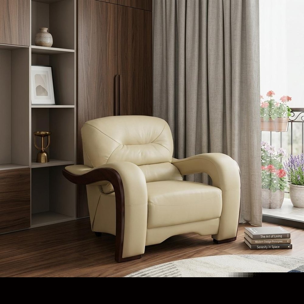 39" Beige and Brown Leather Arm Chair