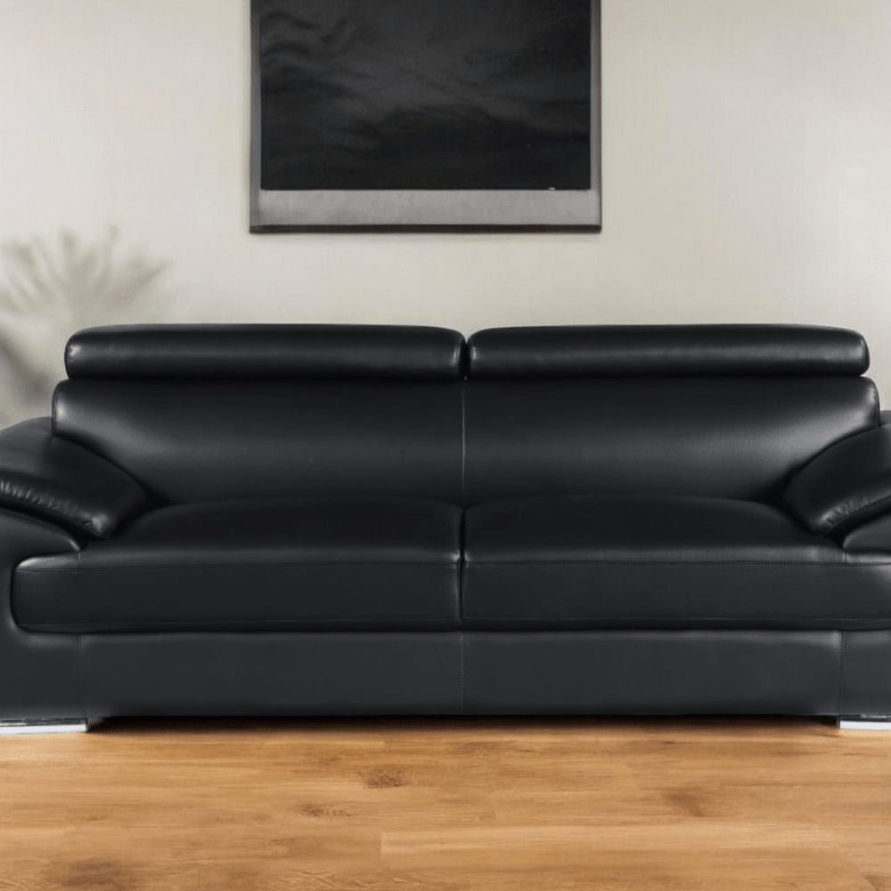 86" Black Leather Sofa With Silver Legs