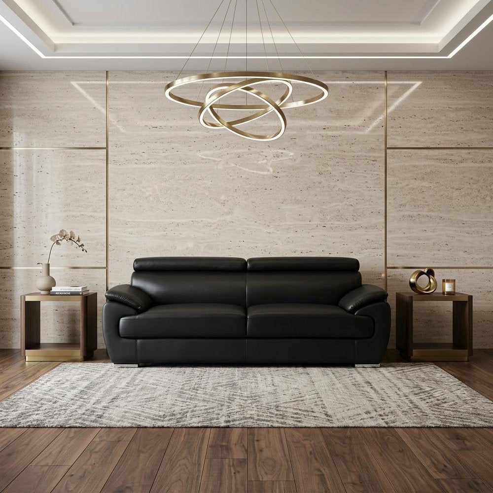 86" Black Leather Sofa With Silver Legs