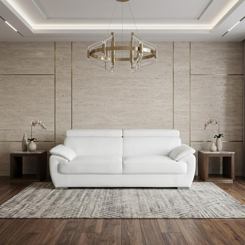 86" White Leather Sofa With Silver Legs