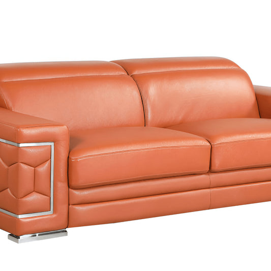 89" Camel Italian Leather Sofa With Silver Legs
