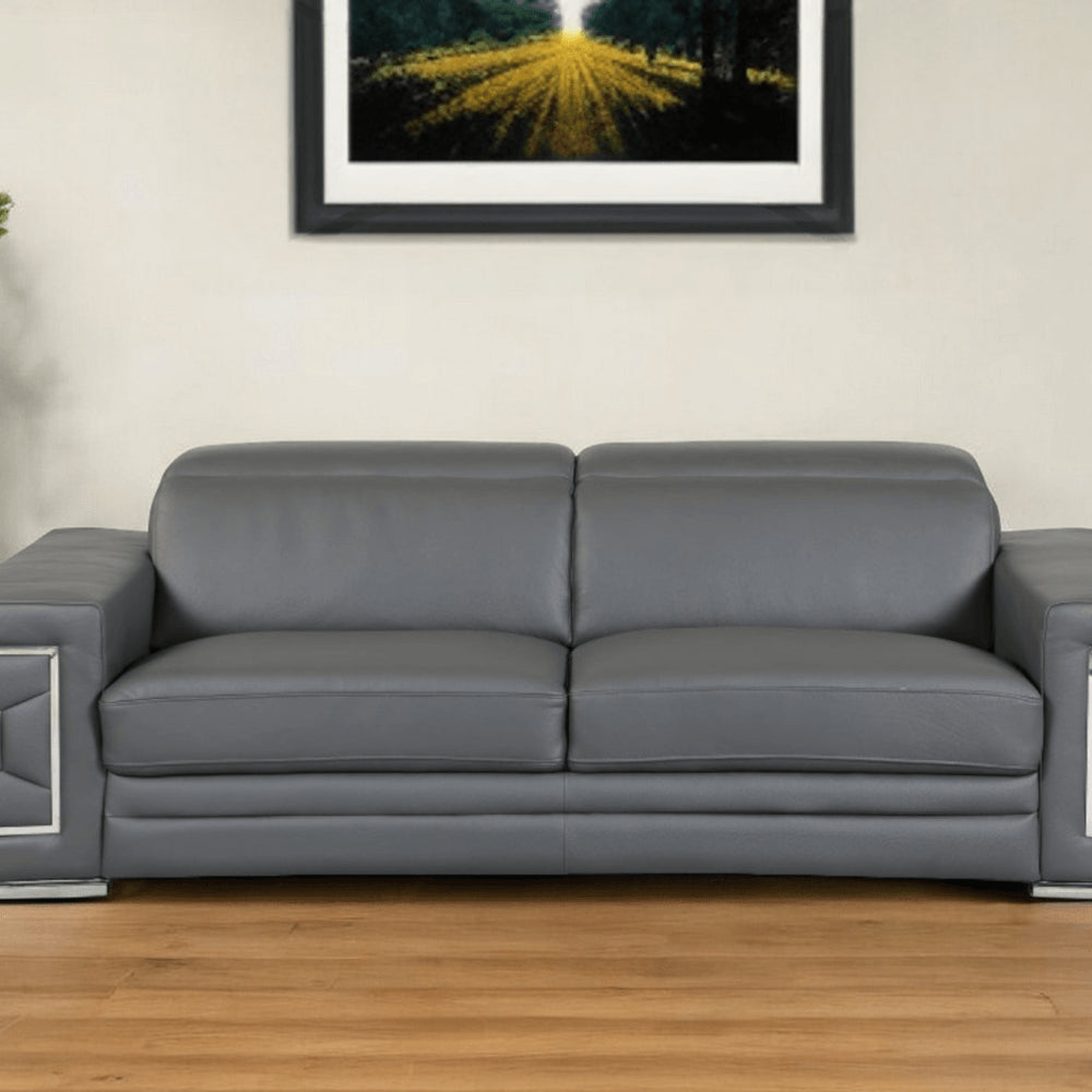 89" Dark Gray Italian Leather Sofa With Silver Legs