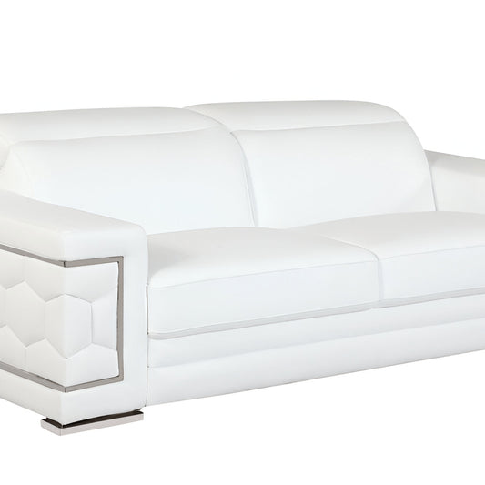 89" White Italian Leather Sofa With Silver Legs