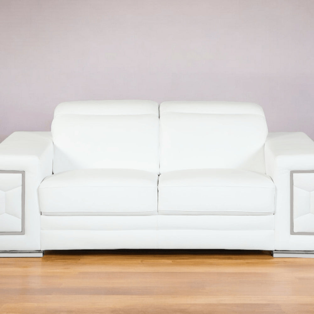 71" White Italian Leather Sofa With Silver Legs