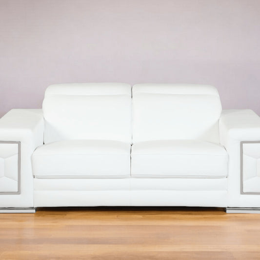 71" White Italian Leather Sofa With Silver Legs