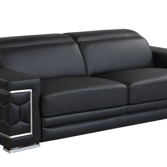89" Black Italian Leather Sofa With Silver Legs