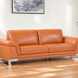 90" Orange Italian Leather Sofa With Silver Legs