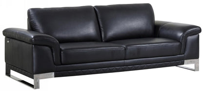 90" Black Italian Leather Sofa With Silver Legs