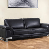 90" Black Italian Leather Sofa With Silver Legs