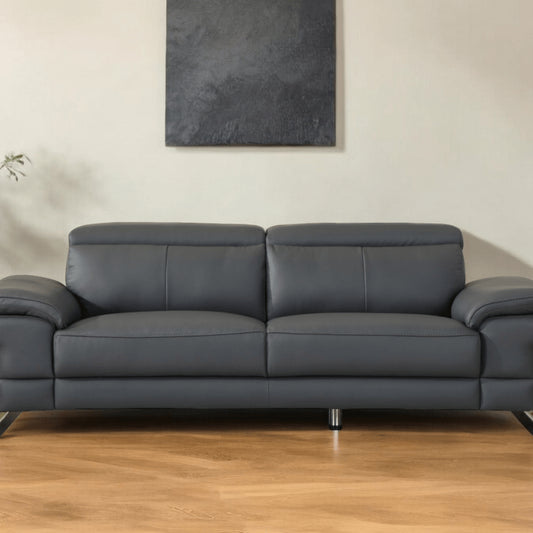 87" Dark Gray Italian Leather Sofa With Silver Legs