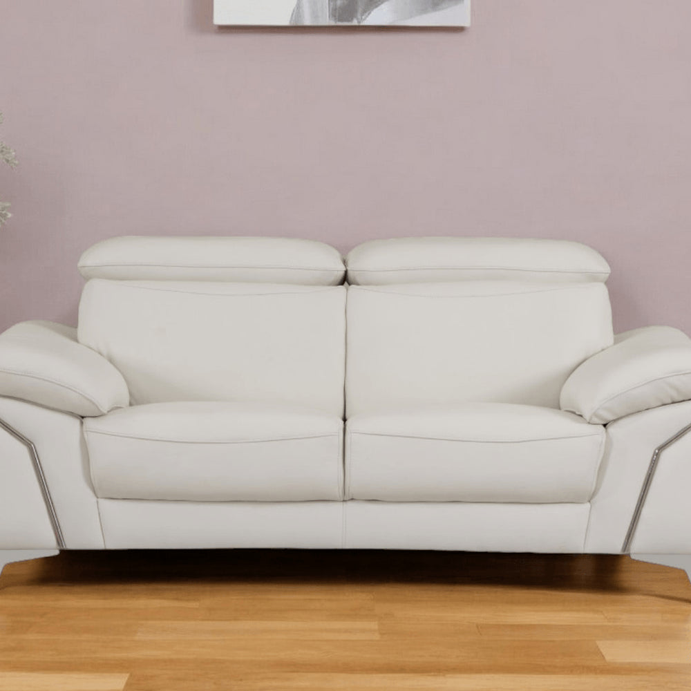 71" White Italian Leather Sofa With Silver Legs