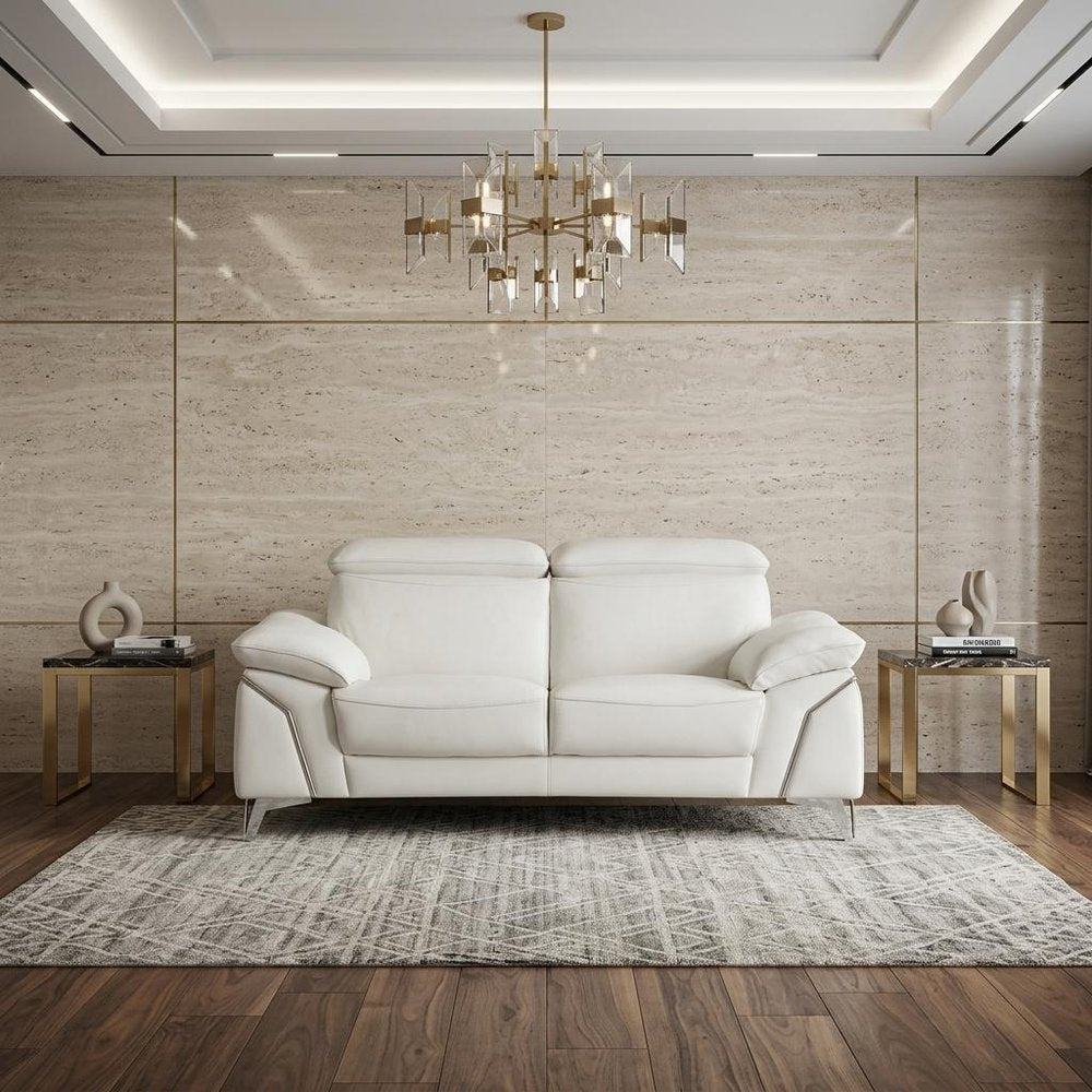71" White Italian Leather Sofa With Silver Legs