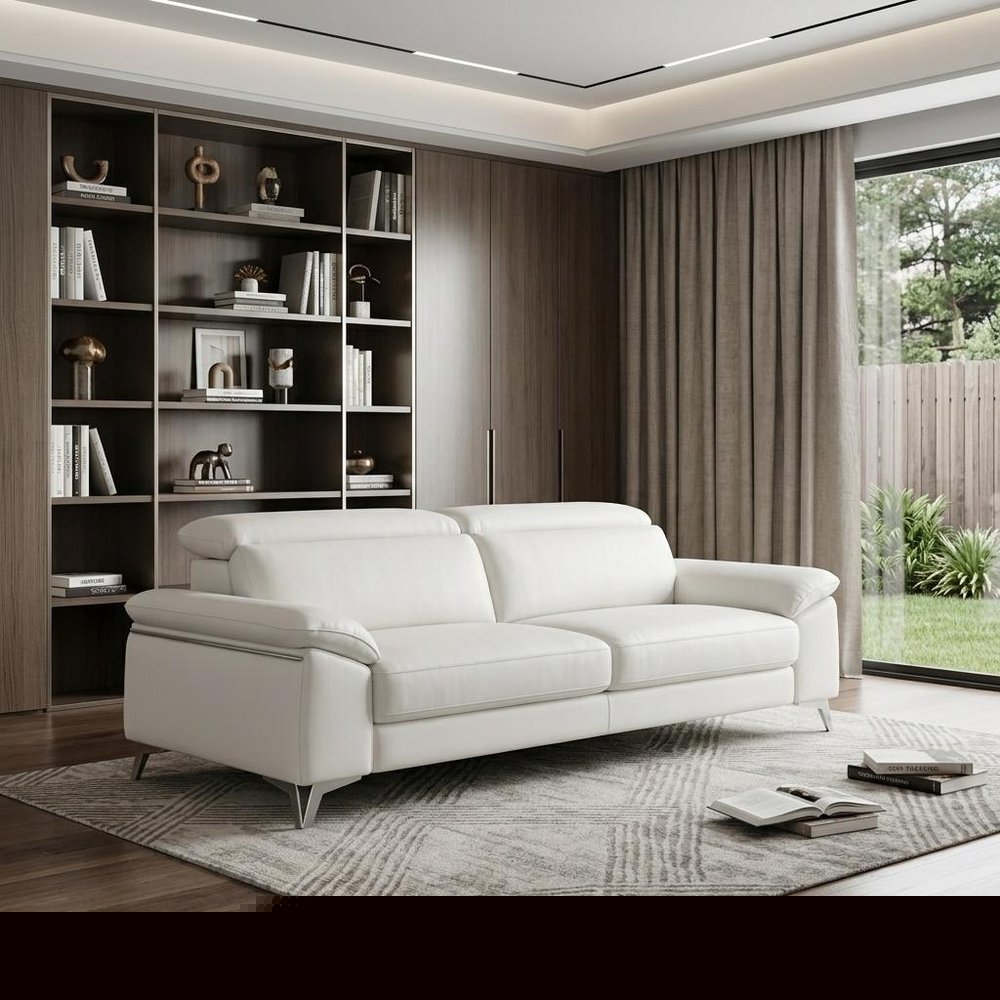 87" White Italian Leather Sofa With Silver Legs
