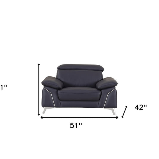 51" Blue And White Genuine Leather Chair and a Half