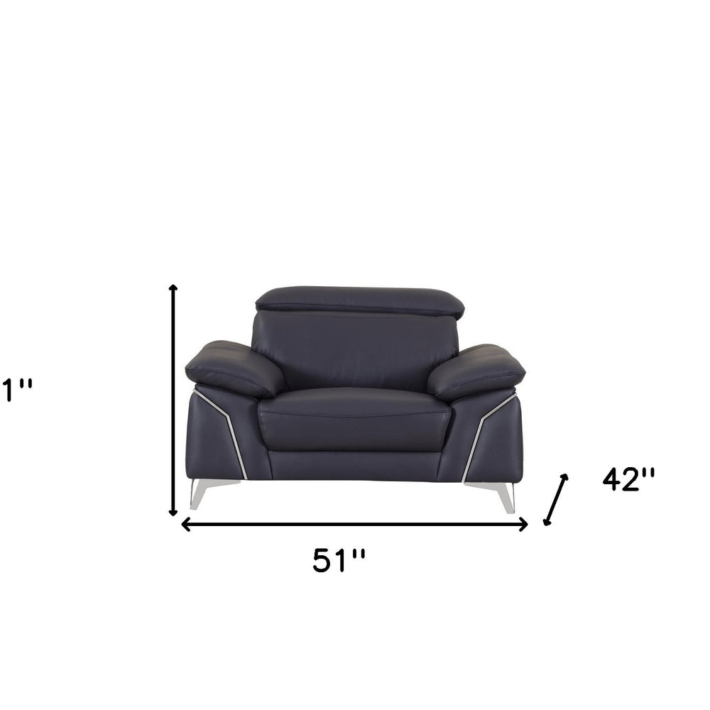 51" Blue And White Genuine Leather Chair and a Half