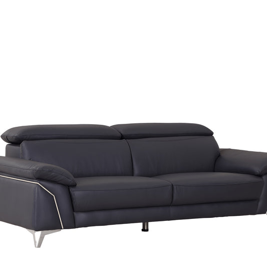 87" Blue Italian Leather Sofa With Silver Legs