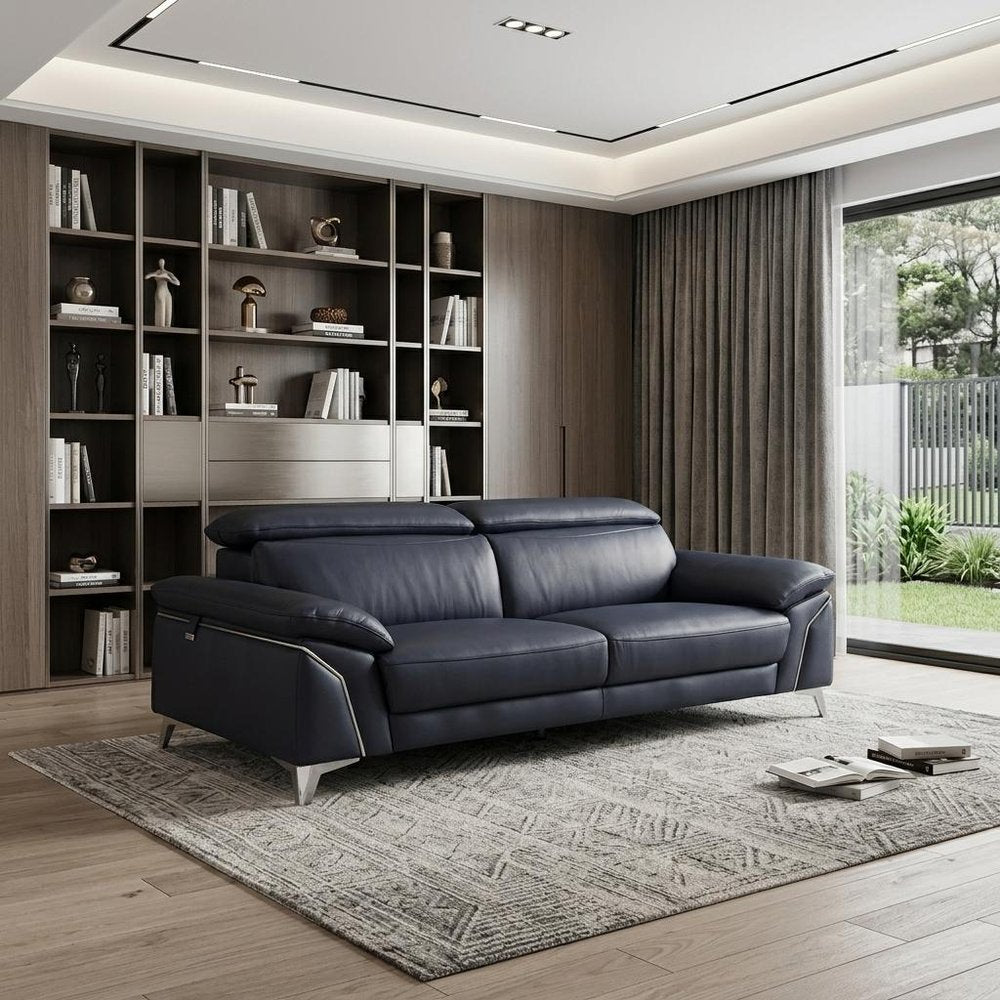 87" Blue Italian Leather Sofa With Silver Legs