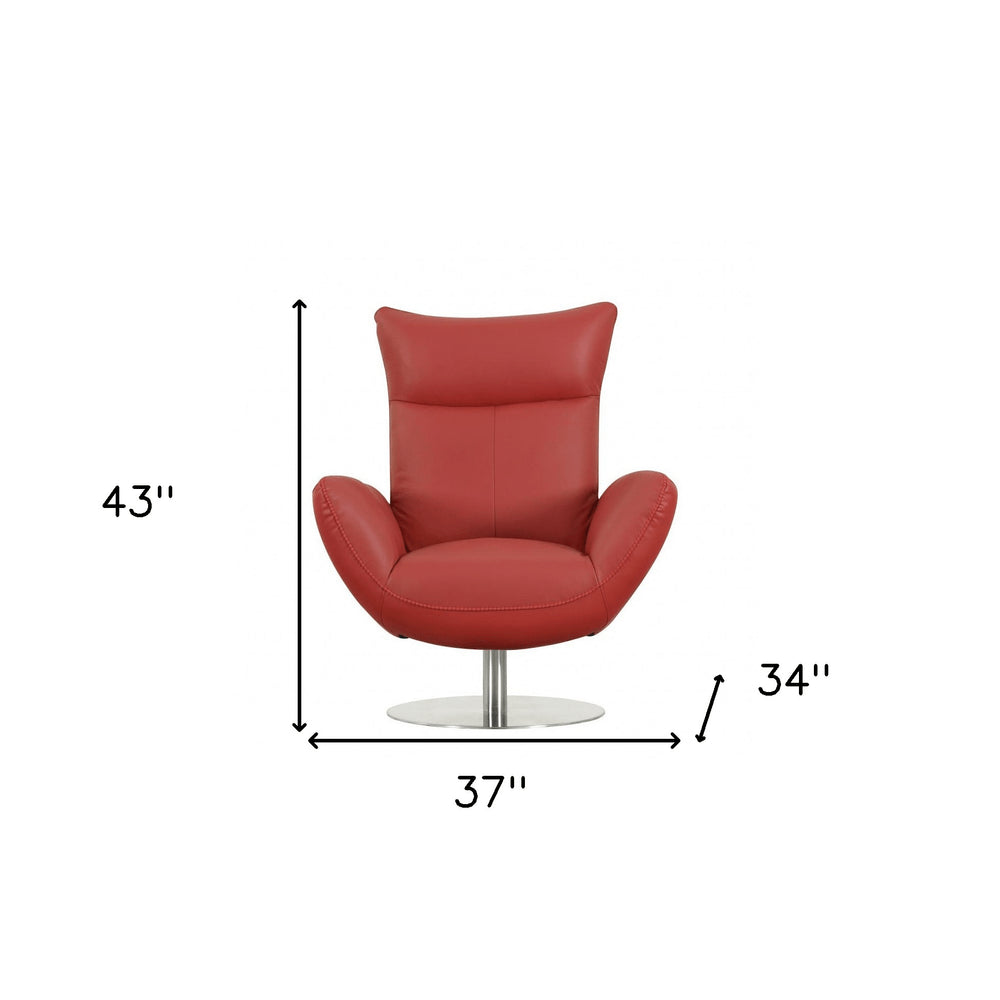 37" Red And Silver Genuine Leather Swivel Lounge Chair