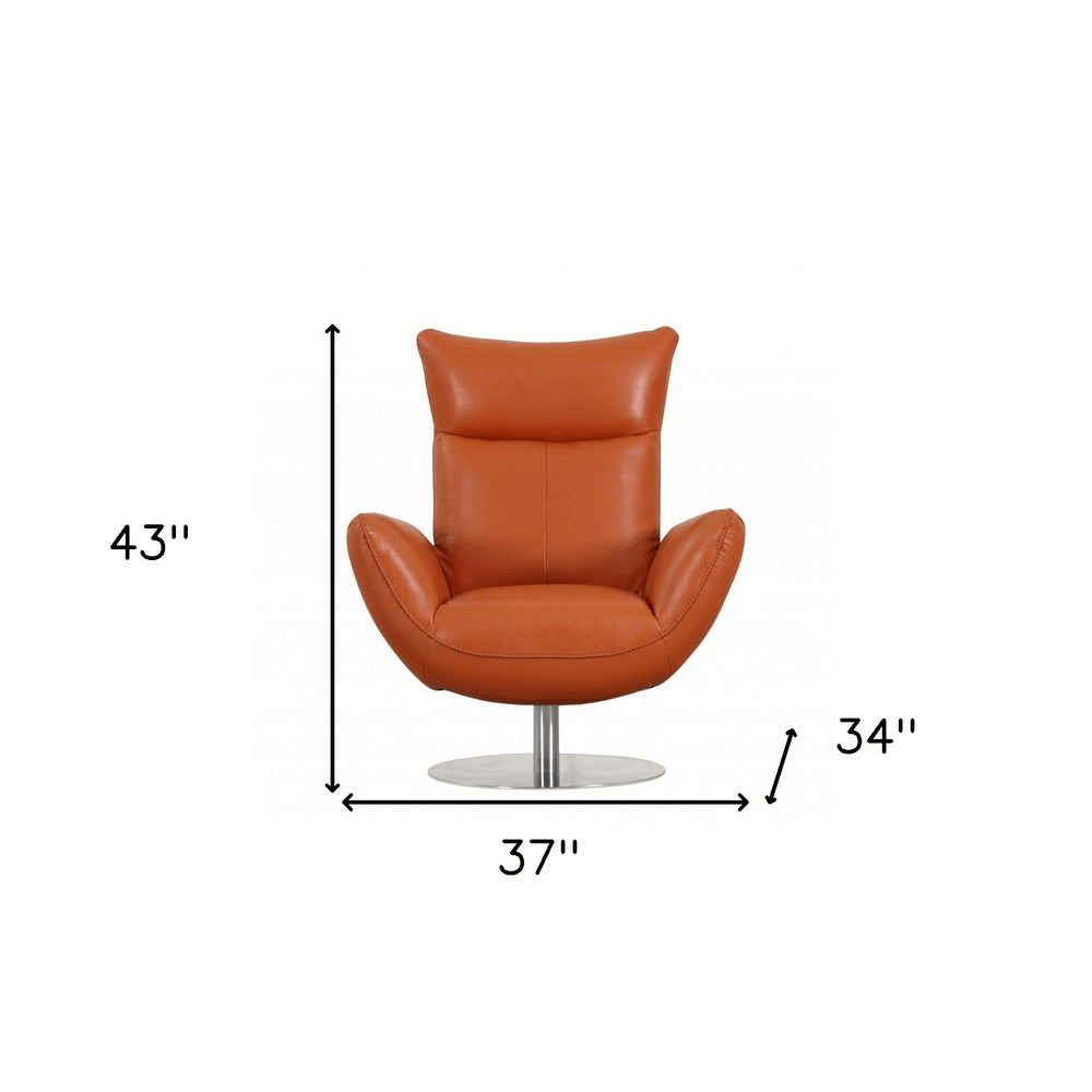 37" Orange And Silver Genuine Leather Lounge Chair
