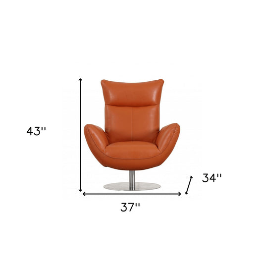 37" Orange And Silver Genuine Leather Lounge Chair
