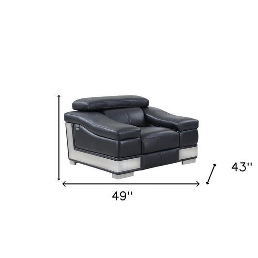49" Black And Silver Genuine Leather Arm Chair