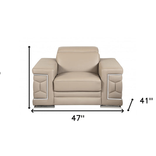 47" Beige And Silver Faux Leather Club Chair