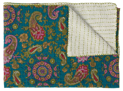 50" X 70" Green and Pink Kantha Cotton Paisley Throw Blanket with Embroidery