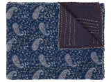50" X 70" Blue and Gray Kantha Cotton Paisley Throw Blanket with Embroidery