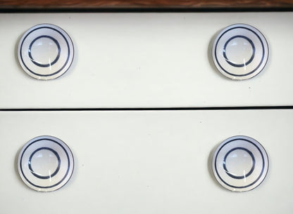 Set of Eight White And Navy Blue Geo Lines Ceramic Drawer Pull Knobs