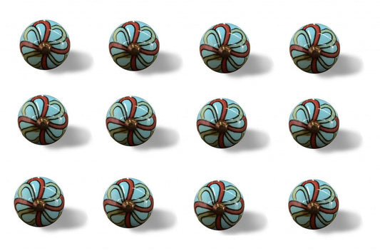 Set of Twelve Turquoise And Red Geometric Ceramic Drawer Pull Knobs
