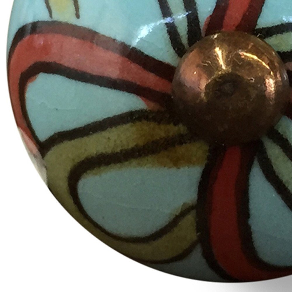 Set of Twelve Turquoise And Red Geometric Ceramic Drawer Pull Knobs