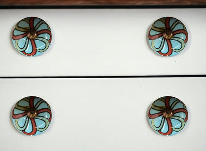 Set of Twelve Turquoise And Red Geometric Ceramic Drawer Pull Knobs