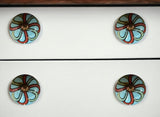 Set of Twelve Turquoise And Red Geometric Ceramic Drawer Pull Knobs