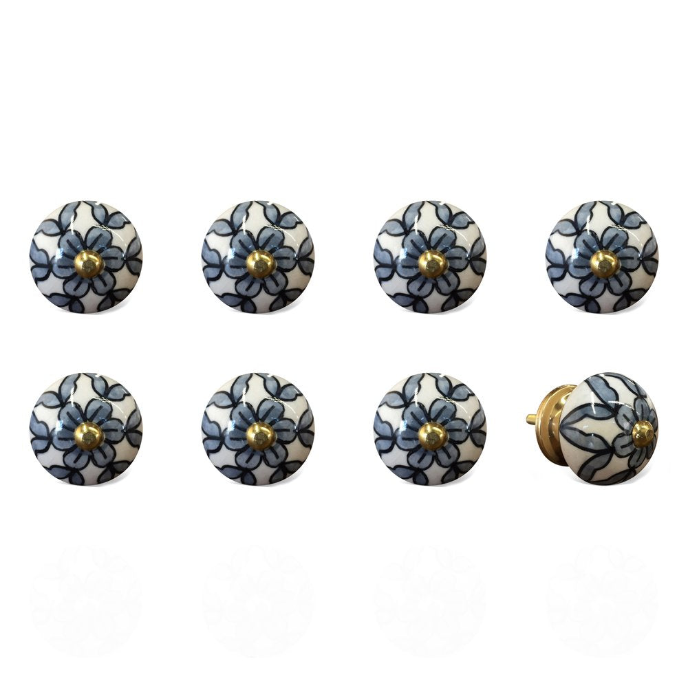 Set of Eight White And Navy Blue Geo Lines Ceramic Drawer Pull Knobs