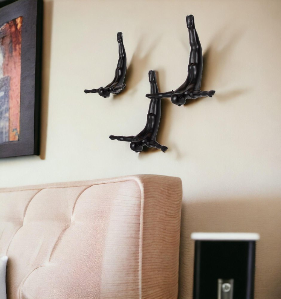 Set of Three Black Resin Diving Man Hanging Dimensional Sculpture