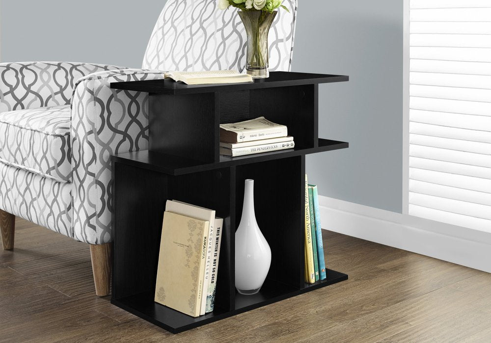 24" Black Wood End Table With Six Open Shelves