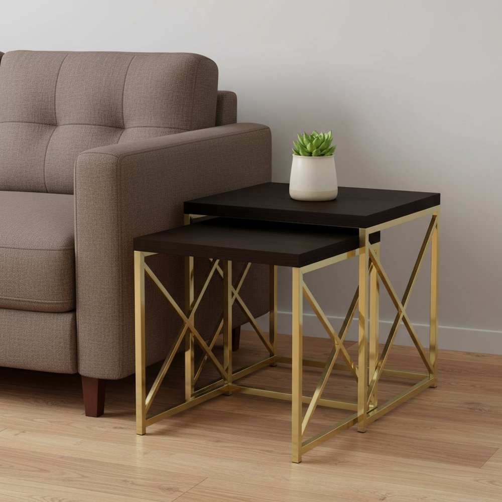 Set of Two 41" Gold And Brown Nested Tables